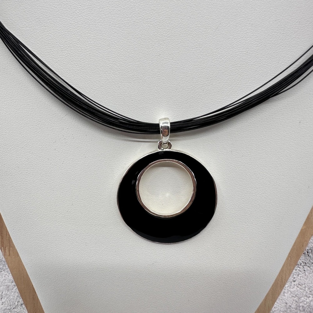 Black Enamel Oval Pendant Multi Strand Cord Necklace Silver Tone Minimalist Y2K